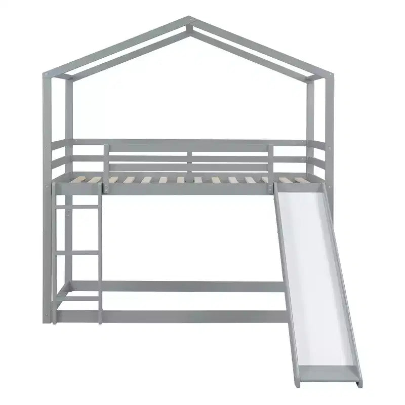 Letto a castello in legno con tetto, a castello basso, con scivolo e scaletta
