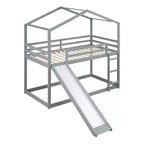 Letto a castello in legno con tetto, a castello basso, con scivolo e scaletta