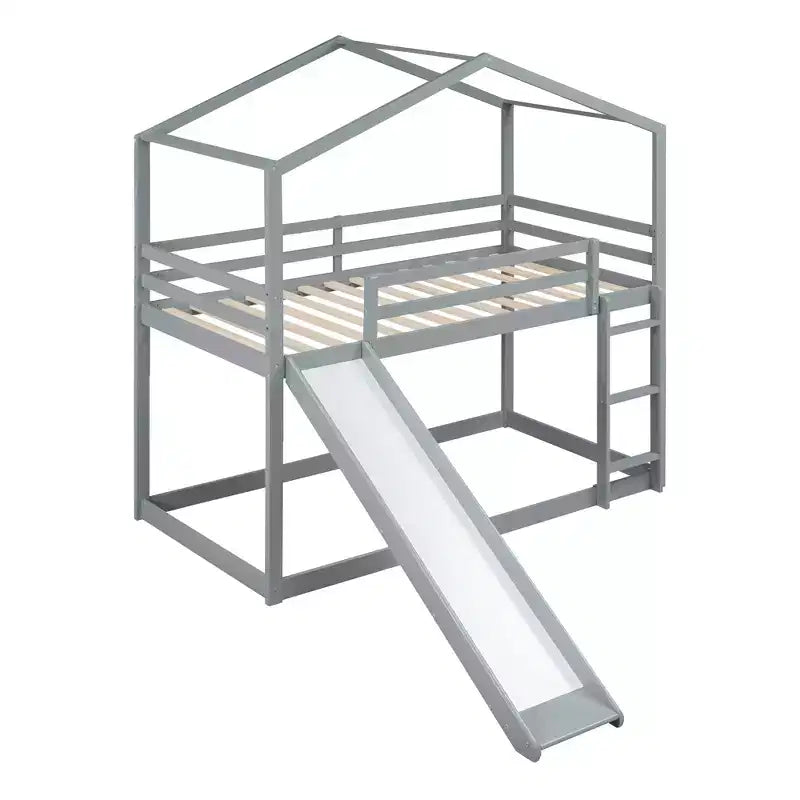 Letto a castello in legno con tetto, a castello basso, con scivolo e scaletta