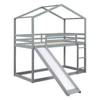 Letto a castello in legno con tetto, a castello basso, con scivolo e scaletta