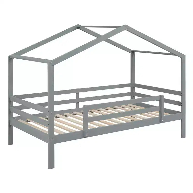 Letto a castello in legno con tetto, a castello basso, con scivolo e scaletta