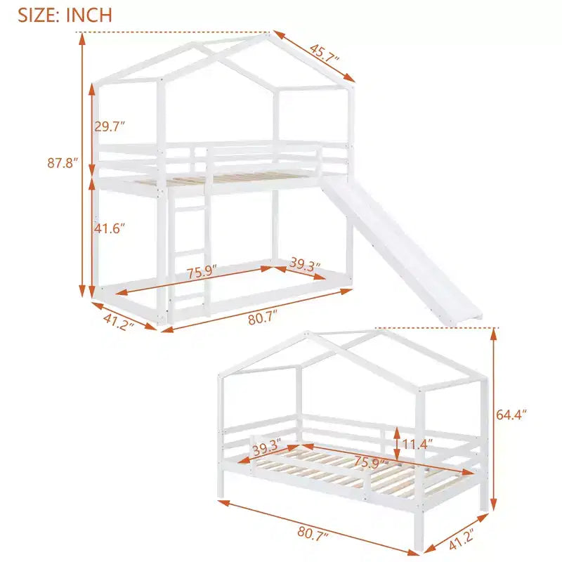 Letto a castello in legno con tetto, a castello basso, con scivolo e scaletta