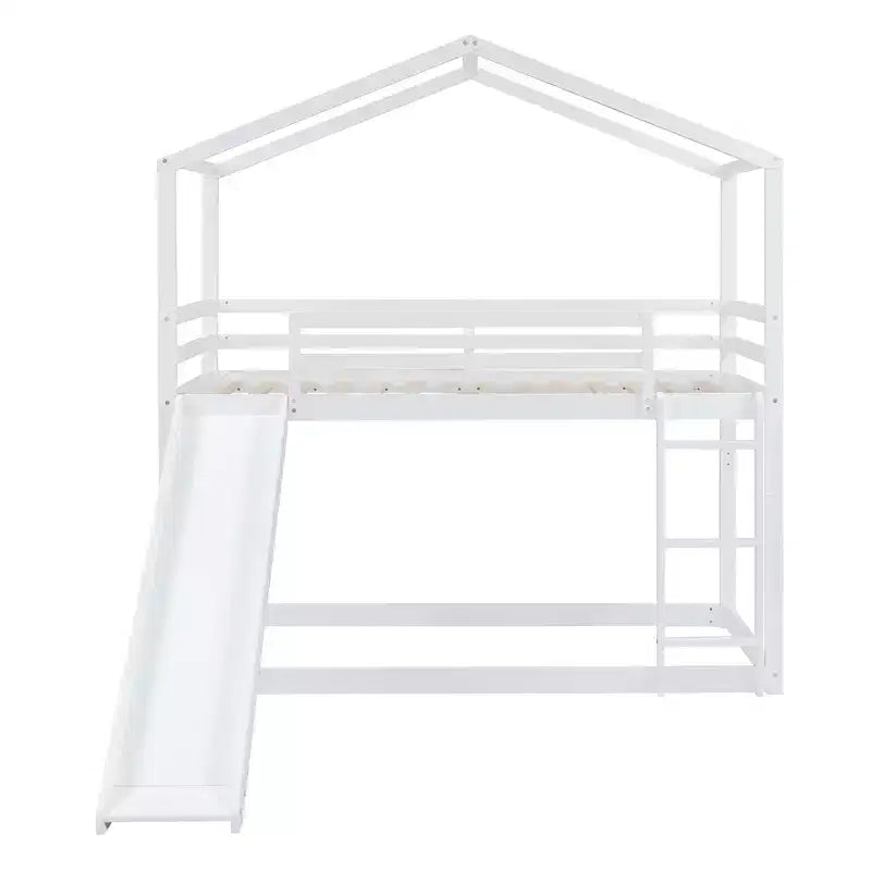 Letto a castello in legno con tetto, a castello basso, con scivolo e scaletta