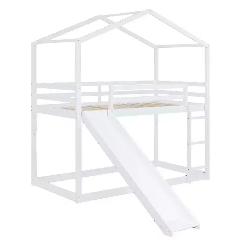 Letto a castello in legno con tetto, a castello basso, con scivolo e scaletta