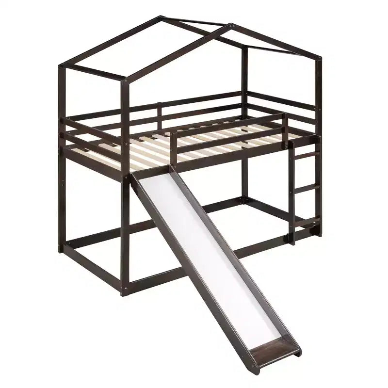 Letto a castello in legno con tetto, a castello basso, con scivolo e scaletta