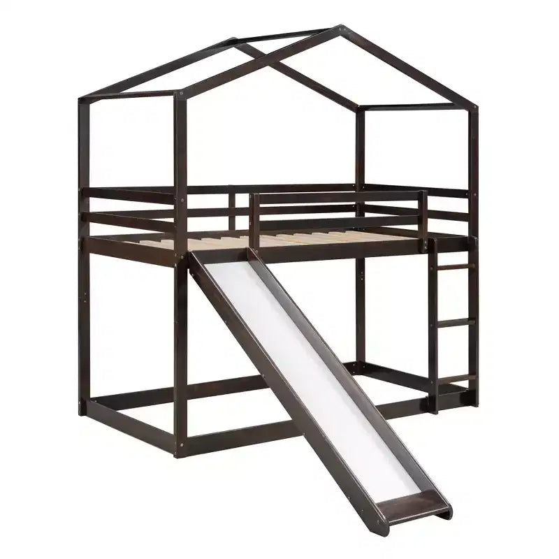 Letto a castello in legno con tetto, a castello basso, con scivolo e scaletta
