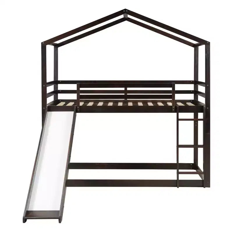 Letto a castello in legno con tetto, a castello basso, con scivolo e scaletta