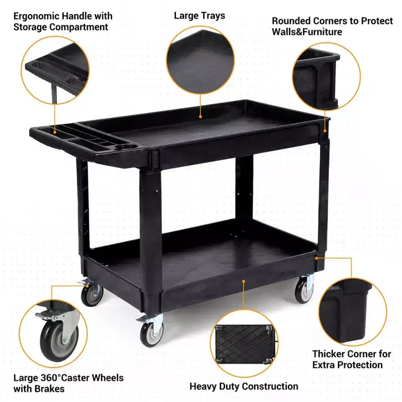 Carrello di Servizio a 2 Ripiani, Carrello Portautensili con Ruote da 250 kg, Organizer Mobile Multiuso, per Magazzino, Officina, Garage