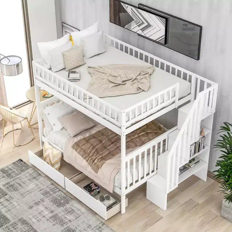 Letto a castello Full su Full con due cassetti portaoggetti e mensole portaoggetti per bambini, ragazzi e adulti