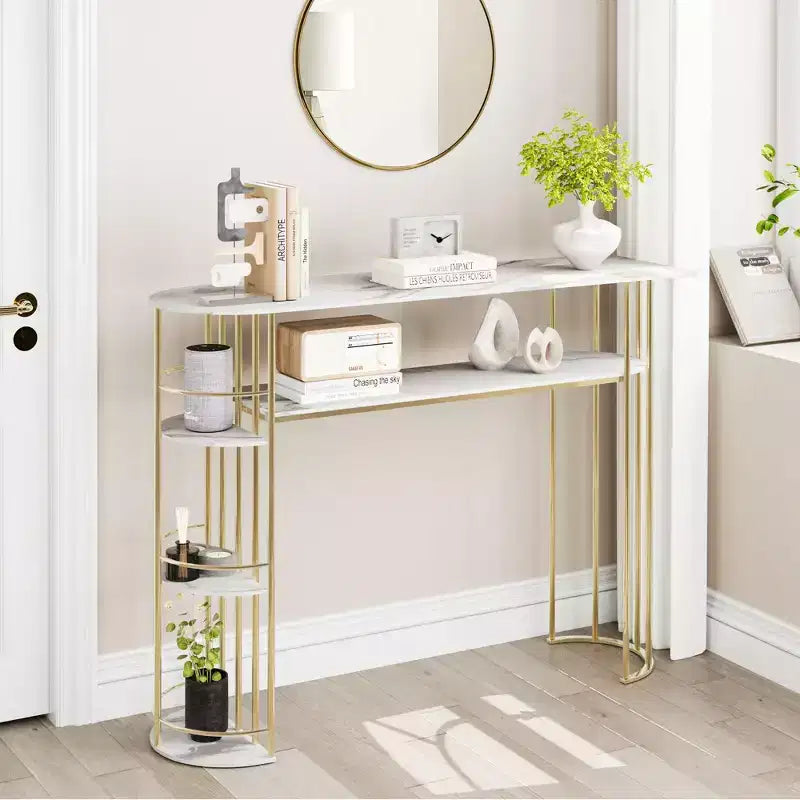 TROPOW 43.5 Tavolino Consolle Oro Tavolini Divano Stretti Tavolo d'Ingresso Stretto con Ripiani e Ripiani Contenitore, Tavolo da Corridoio Dietro il Divano, Mobile Moderno per Camera da Letto