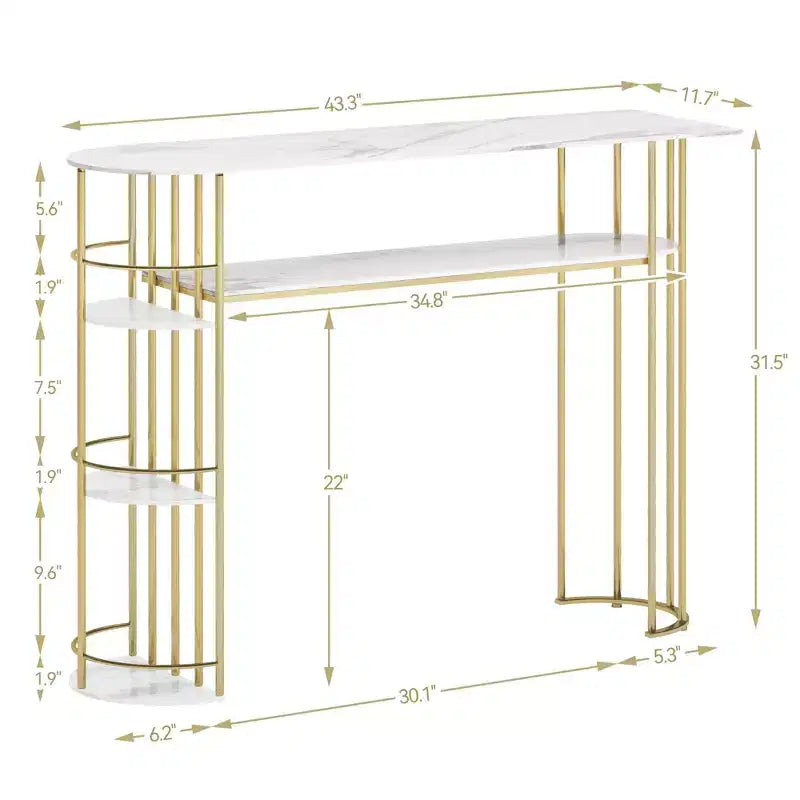 TROPOW 43.5 Tavolino Consolle Oro Tavolini Divano Stretti Tavolo d'Ingresso Stretto con Ripiani e Ripiani Contenitore, Tavolo da Corridoio Dietro il Divano, Mobile Moderno per Camera da Letto