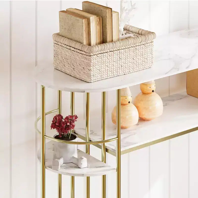 TROPOW 43.5 Tavolino Consolle Oro Tavolini Divano Stretti Tavolo d'Ingresso Stretto con Ripiani e Ripiani Contenitore, Tavolo da Corridoio Dietro il Divano, Mobile Moderno per Camera da Letto