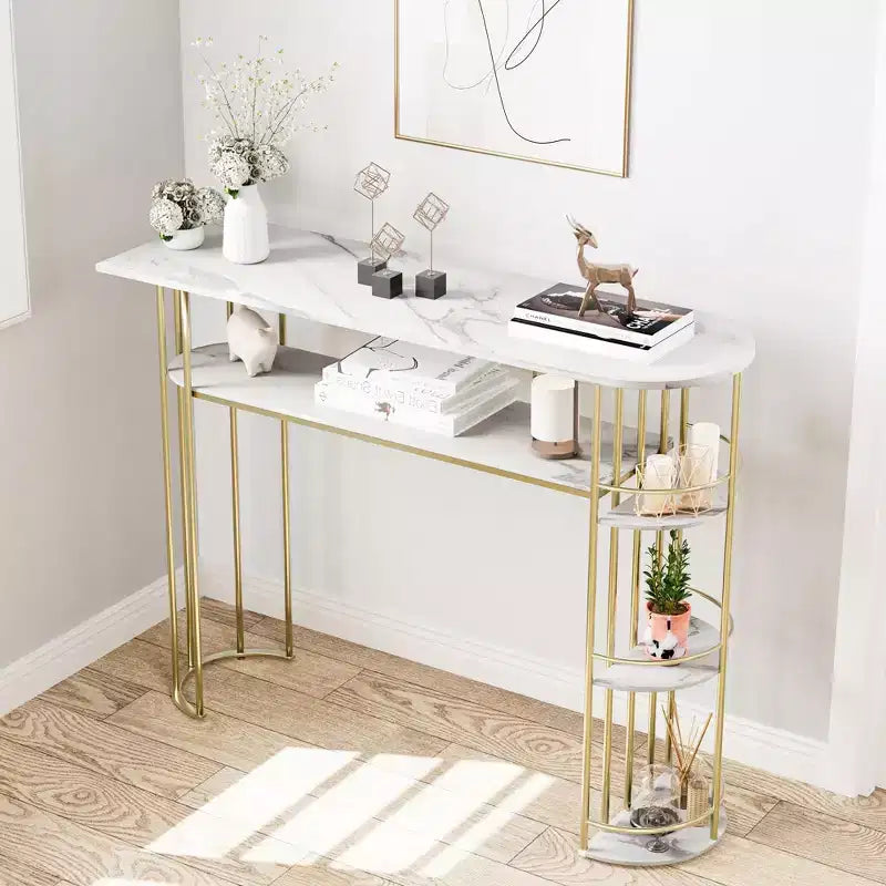 TROPOW 43.5 Tavolino Consolle Oro Tavolini Divano Stretti Tavolo d'Ingresso Stretto con Ripiani e Ripiani Contenitore, Tavolo da Corridoio Dietro il Divano, Mobile Moderno per Camera da Letto