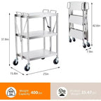 Carrello di utilità pieghevole con ruote, grande capacità 300LB, carrello in acciaio inossidabile, carrello a 3 ripiani, per ristorante, garage, ufficio