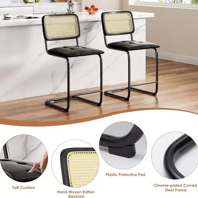 Sgabelli da bar neri da bancone, set da 2, imbottiti in pelle PU, con schienale in rattan, sgabelli da 76 cm, sedie da bar senza braccioli per isola cucina