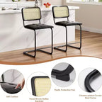 Sgabelli da bar neri da bancone, set da 2, imbottiti in pelle PU, con schienale in rattan, sgabelli da 76 cm, sedie da bar senza braccioli per isola cucina