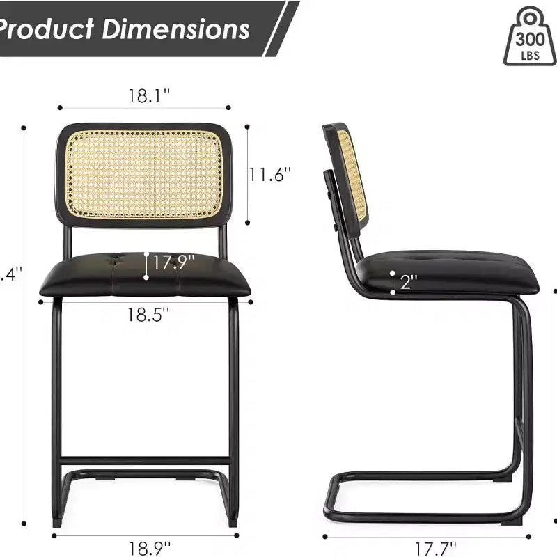 Sgabelli da bar neri da bancone, set da 2, imbottiti in pelle PU, con schienale in rattan, sgabelli da 76 cm, sedie da bar senza braccioli per isola cucina