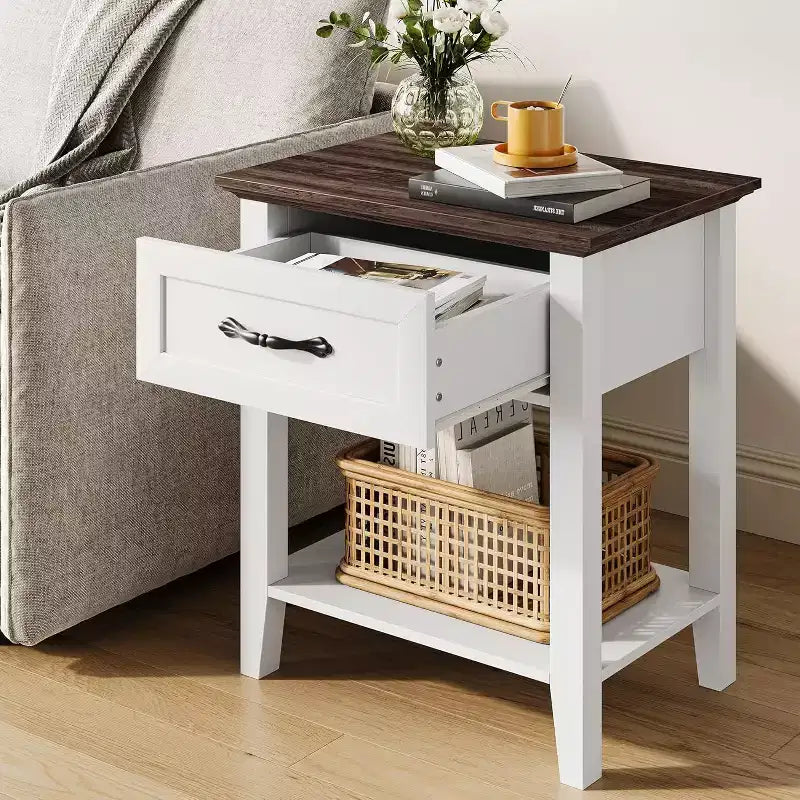 2 Comodini da Salotto, Comodini Rustici con Cassetto e Ripiano, Tavolino da Notte in Legno per Camera da Letto, Ingresso, Bianco