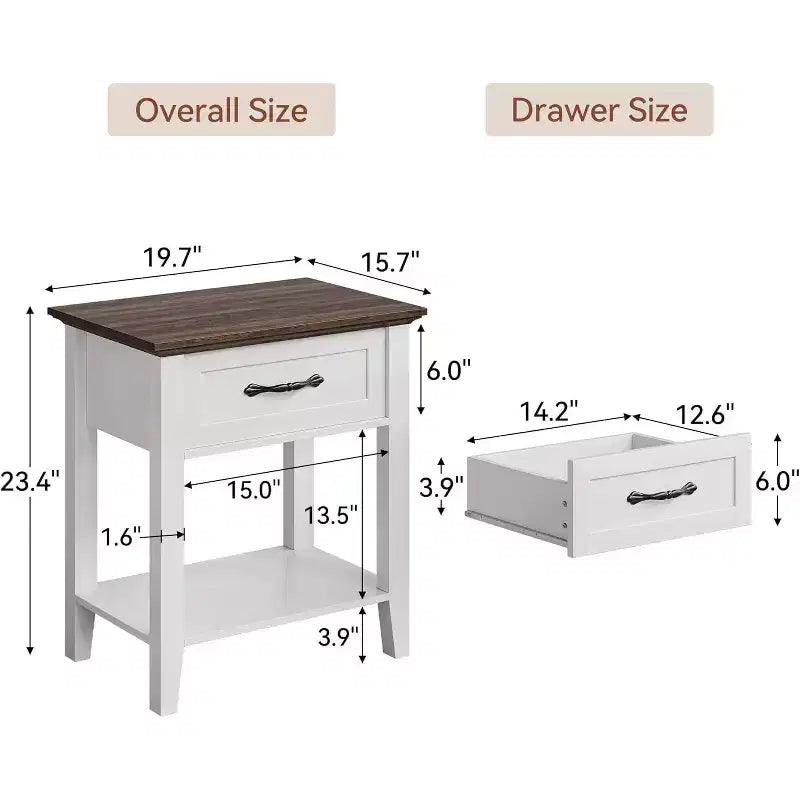 2 Comodini da Salotto, Comodini Rustici con Cassetto e Ripiano, Tavolino da Notte in Legno per Camera da Letto, Ingresso, Bianco