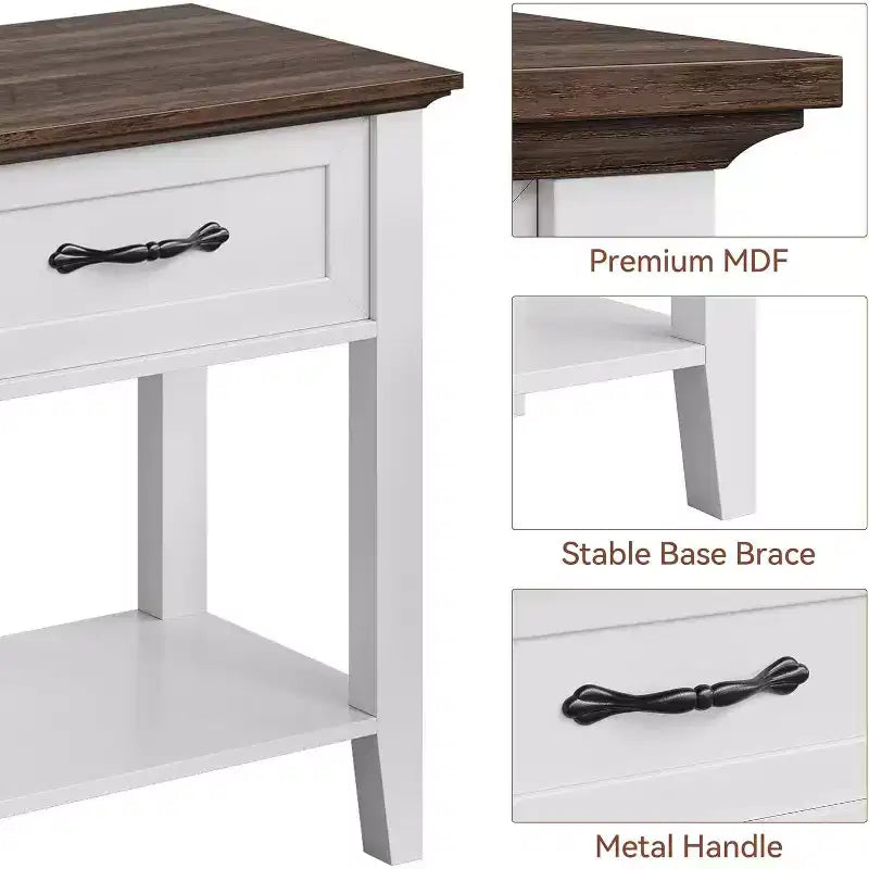 2 Comodini da Salotto, Comodini Rustici con Cassetto e Ripiano, Tavolino da Notte in Legno per Camera da Letto, Ingresso, Bianco