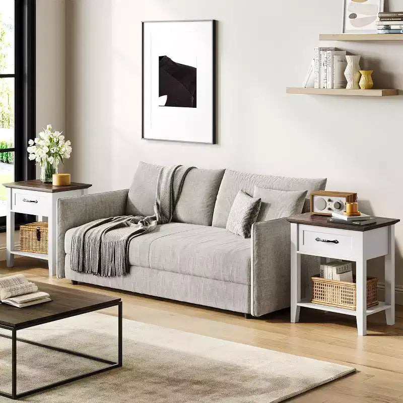 2 Comodini da Salotto, Comodini Rustici con Cassetto e Ripiano, Tavolino da Notte in Legno per Camera da Letto, Ingresso, Bianco