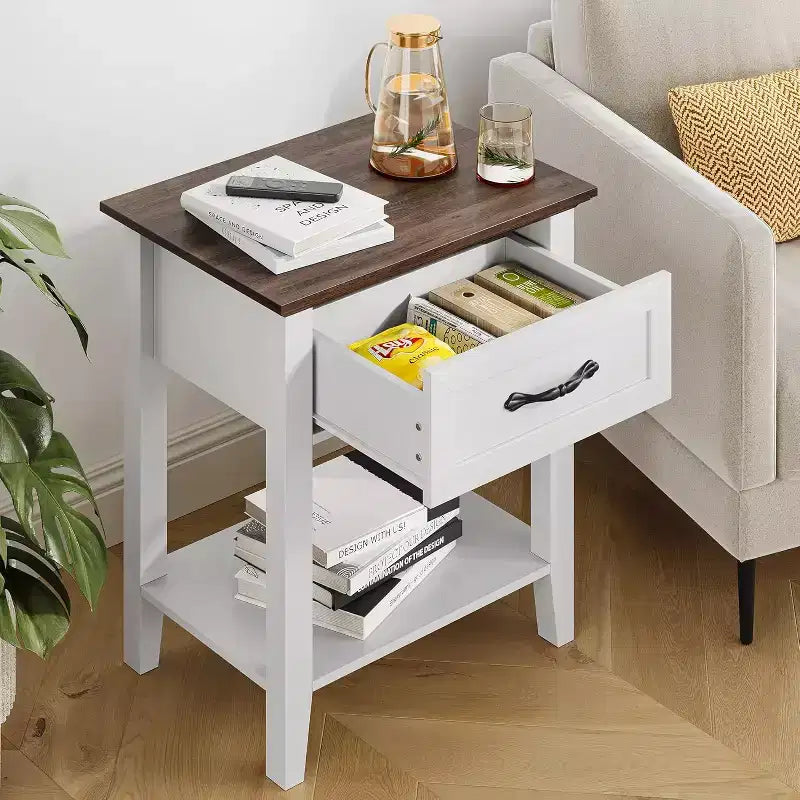 2 Comodini da Salotto, Comodini Rustici con Cassetto e Ripiano, Tavolino da Notte in Legno per Camera da Letto, Ingresso, Bianco