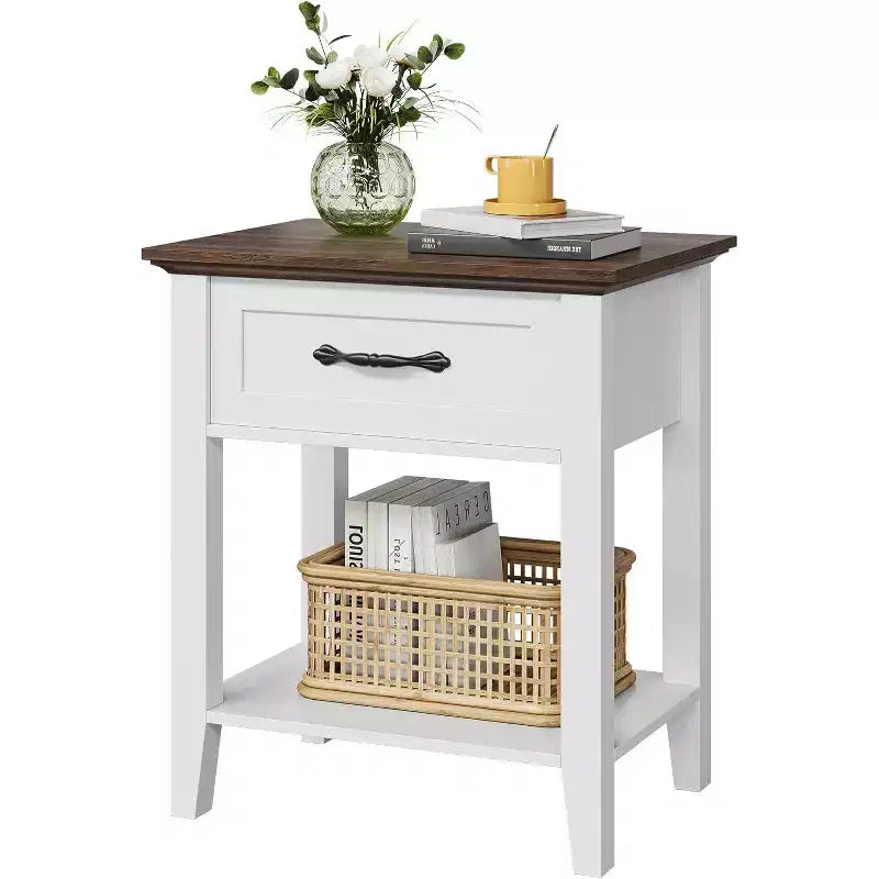 2 Comodini da Salotto, Comodini Rustici con Cassetto e Ripiano, Tavolino da Notte in Legno per Camera da Letto, Ingresso, Bianco