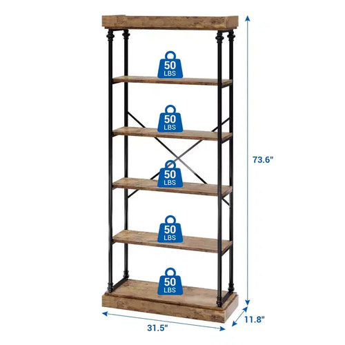 Libreria a 5 Ripiani, Scaffale con Struttura in Metallo, Libreria Autoportante, Scaffale Aperto per Camera da Letto, Soggiorno, Ufficio