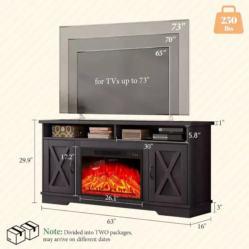 AMERLIFE Mobile TV 63" stile rustico con caminetto da 26", per TV fino a 73", per salotto
