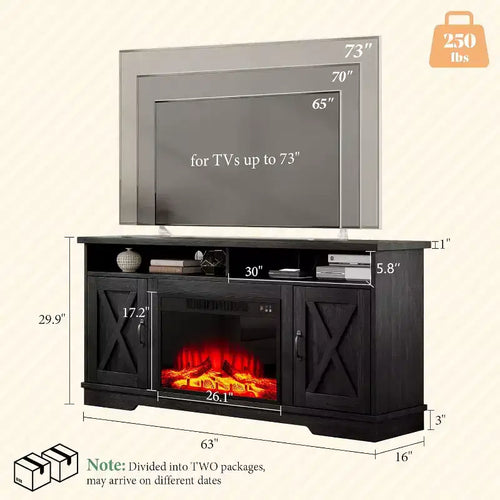 AMERLIFE Mobile TV 63" stile rustico con caminetto da 26", per TV fino a 73", per salotto