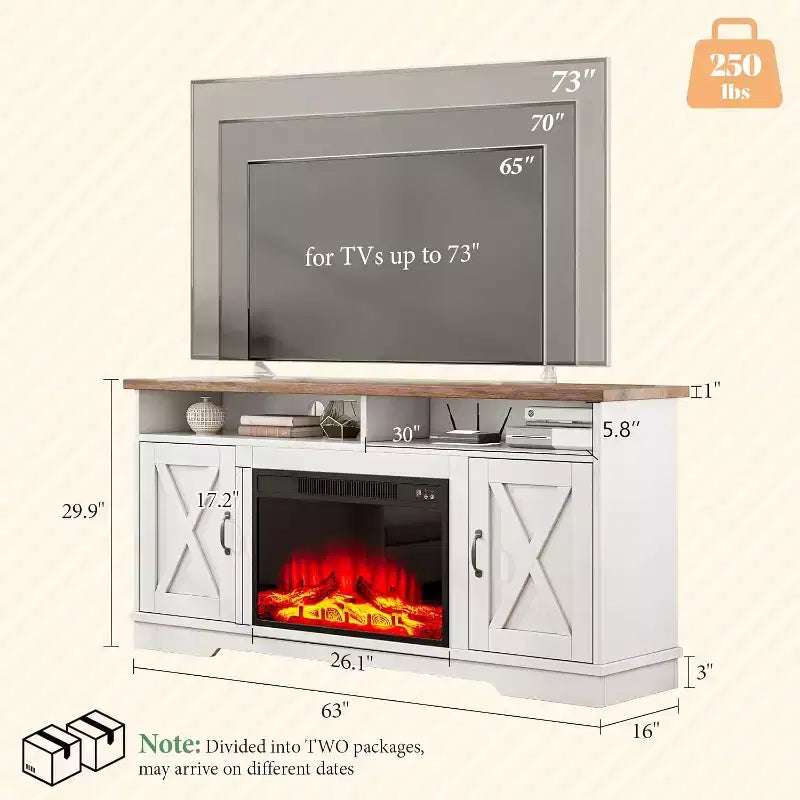 AMERLIFE Mobile TV 63" stile rustico con caminetto da 26", per TV fino a 73", per salotto