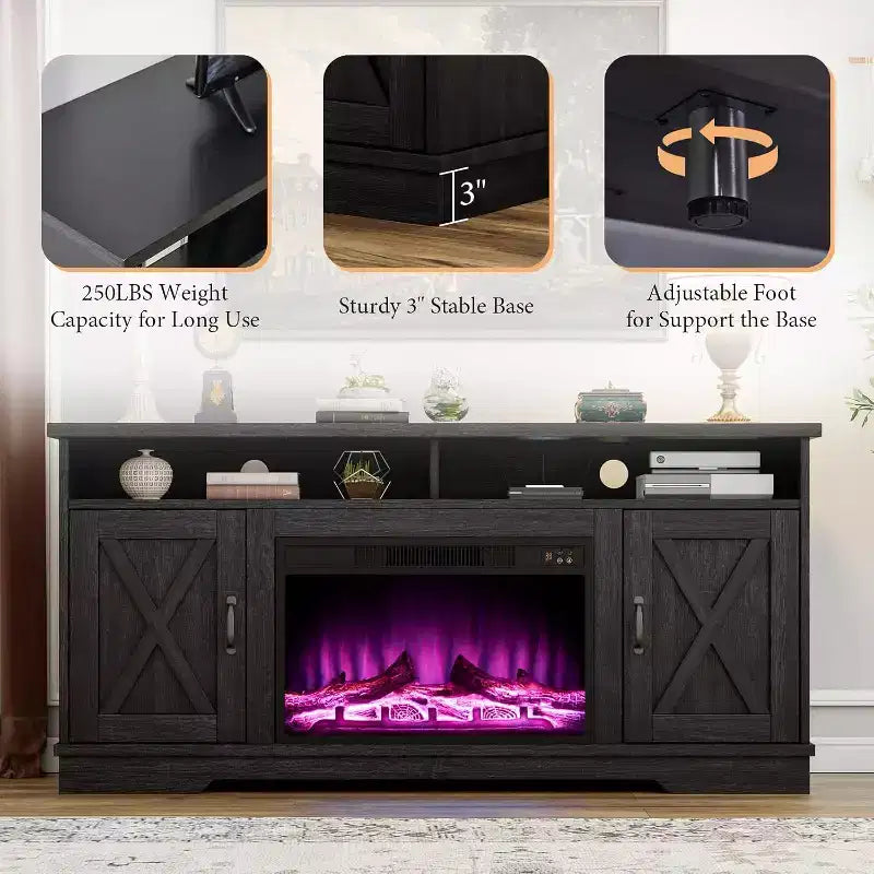AMERLIFE Mobile TV 63" stile rustico con caminetto da 26", per TV fino a 73", per salotto