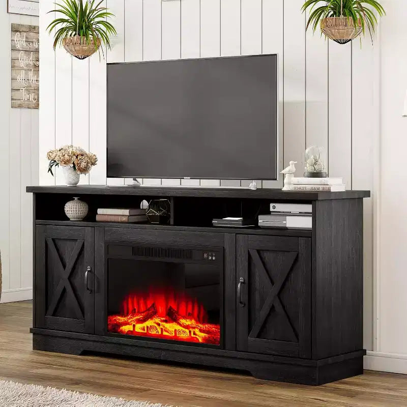 AMERLIFE Mobile TV 63" stile rustico con caminetto da 26", per TV fino a 73", per salotto
