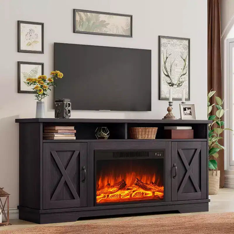 AMERLIFE Mobile TV 63" stile rustico con caminetto da 26", per TV fino a 73", per salotto