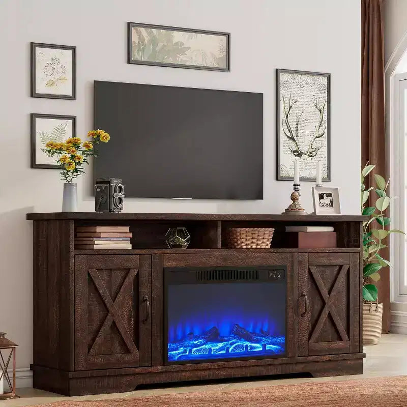 AMERLIFE Mobile TV 63" stile rustico con caminetto da 26", per TV fino a 73", per salotto