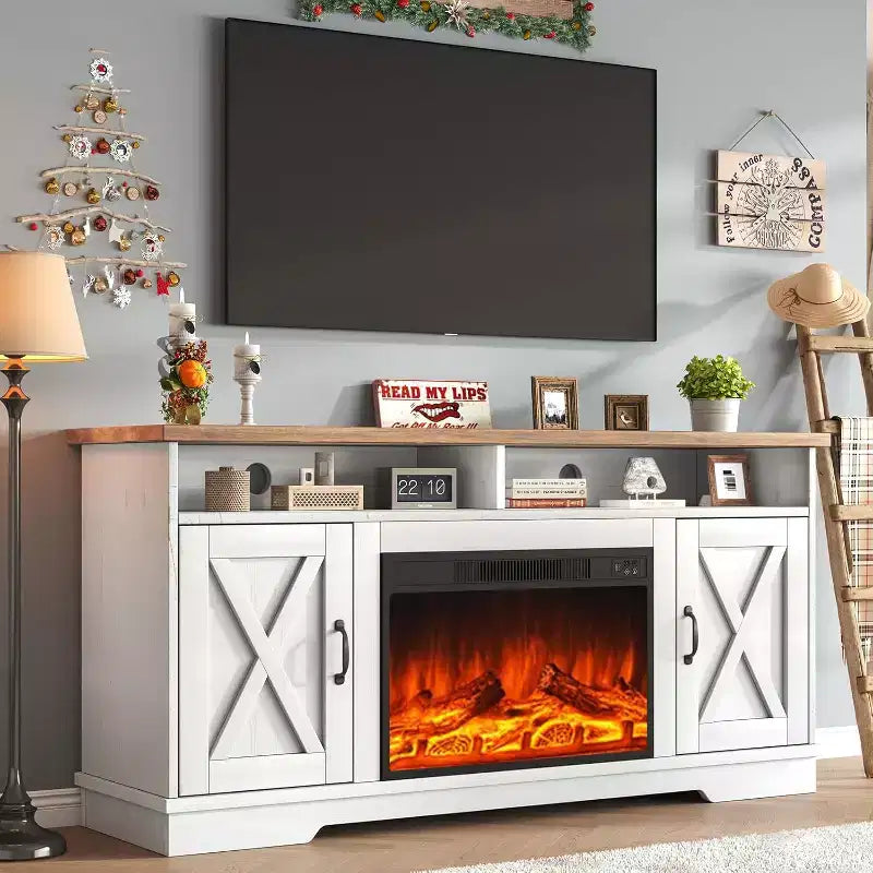 AMERLIFE Mobile TV 63" stile rustico con caminetto da 26", per TV fino a 73", per salotto