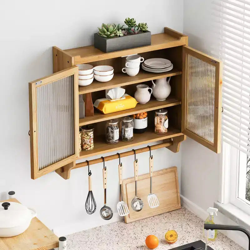 Mobiletto a Muro Okak, Armadietto Contenitore con 2 Ante in Vetro e 3 Ripiani, Credenza per Cucina, Sala da Pranzo