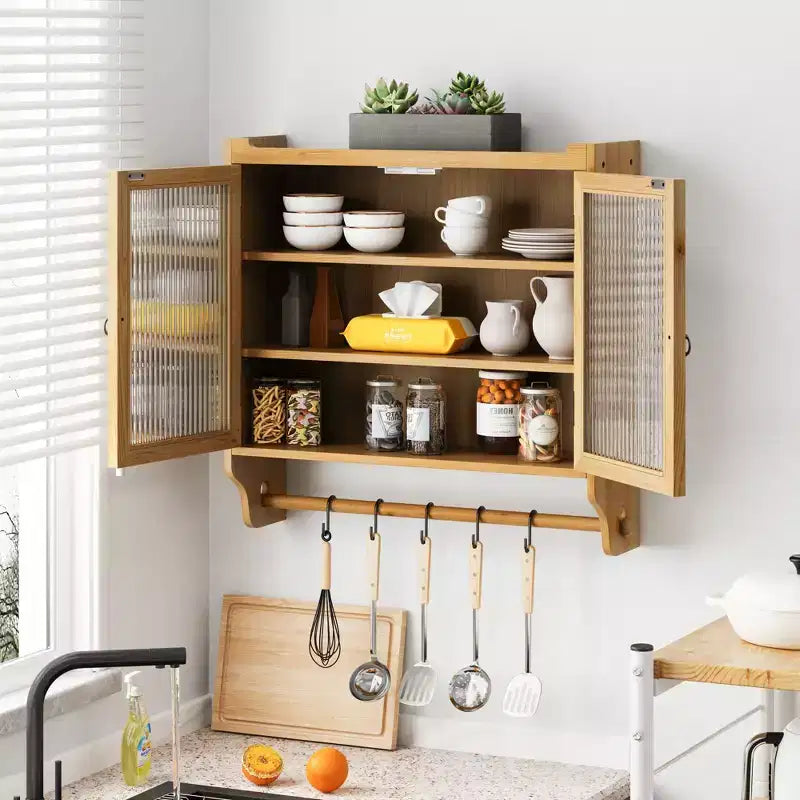 Mobiletto a Muro Okak, Armadietto Contenitore con 2 Ante in Vetro e 3 Ripiani, Credenza per Cucina, Sala da Pranzo