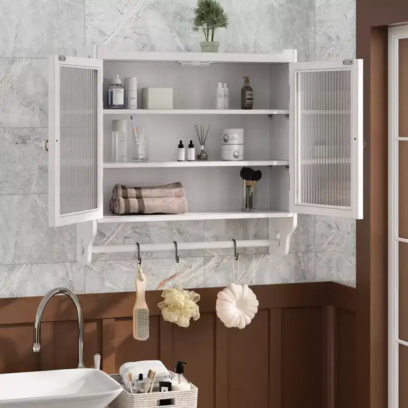 Mobiletto a Muro Okak, Armadietto Contenitore con 2 Ante in Vetro e 3 Ripiani, Credenza per Cucina, Sala da Pranzo
