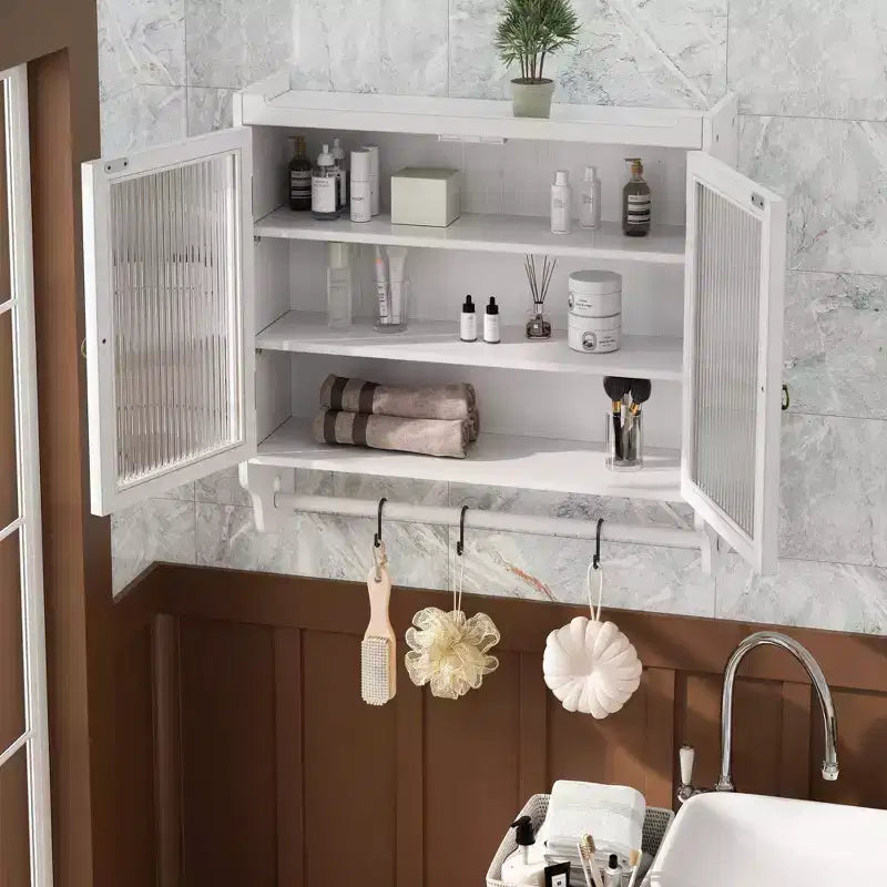 Mobiletto a Muro Okak, Armadietto Contenitore con 2 Ante in Vetro e 3 Ripiani, Credenza per Cucina, Sala da Pranzo