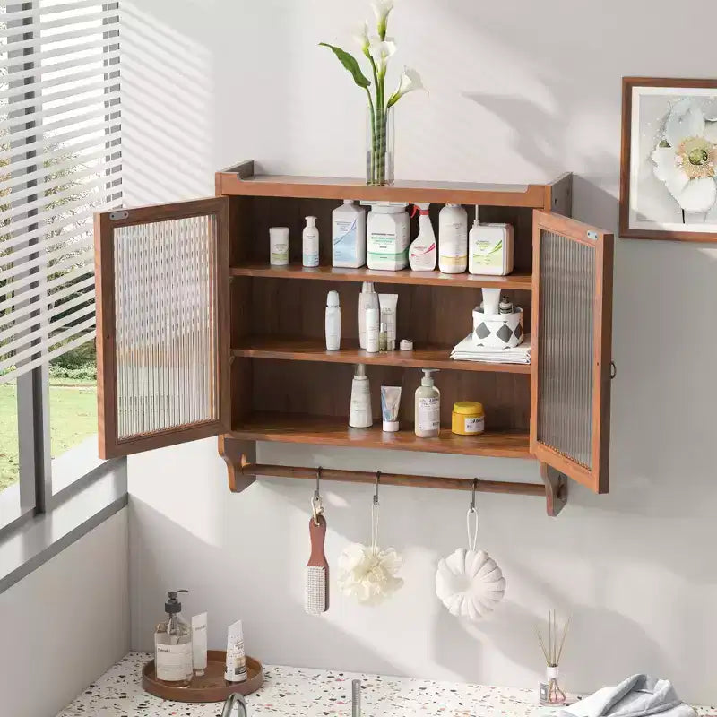 Mobiletto a Muro Okak, Armadietto Contenitore con 2 Ante in Vetro e 3 Ripiani, Credenza per Cucina, Sala da Pranzo