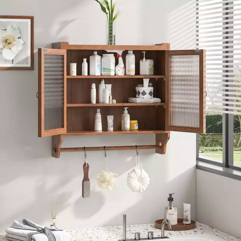 Mobiletto a Muro Okak, Armadietto Contenitore con 2 Ante in Vetro e 3 Ripiani, Credenza per Cucina, Sala da Pranzo