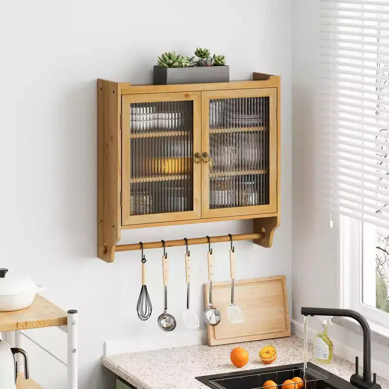 Mobiletto a Muro Okak, Armadietto Contenitore con 2 Ante in Vetro e 3 Ripiani, Credenza per Cucina, Sala da Pranzo