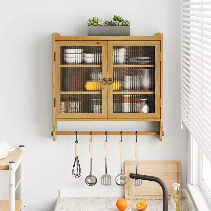 Mobiletto a Muro Okak, Armadietto Contenitore con 2 Ante in Vetro e 3 Ripiani, Credenza per Cucina, Sala da Pranzo