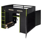 Letto a soppalco da gioco in legno a grandezza naturale con scrivania e armadio, porta USB e luce LED per cameretta di bambini, ragazzi e adulti