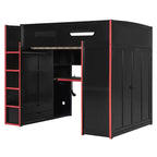 Letto a soppalco da gioco in legno a grandezza naturale con scrivania e armadio, porta USB e luce LED per cameretta di bambini, ragazzi e adulti