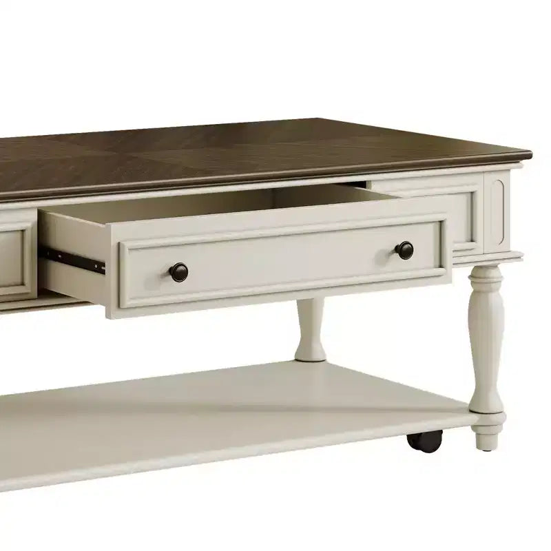 Tavolino da caffè Luxystar Farmhouse con un cassetto, ruote bloccabili e gambe in legno massello per soggiorno, grigio+bianco