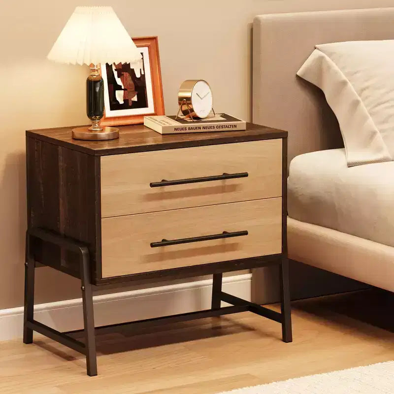 GustoWave Comodino con Cassetti, Comodino Largo 60 cm con Spazio Contenitore, Tavolino in Legno Chiaro con Gambe in Metallo, Comodino Marrone Scuro