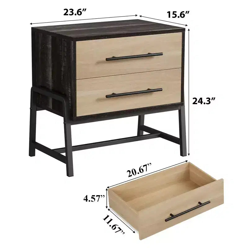 GustoWave Comodino con Cassetti, Comodino Largo 60 cm con Spazio Contenitore, Tavolino in Legno Chiaro con Gambe in Metallo, Comodino Marrone Scuro