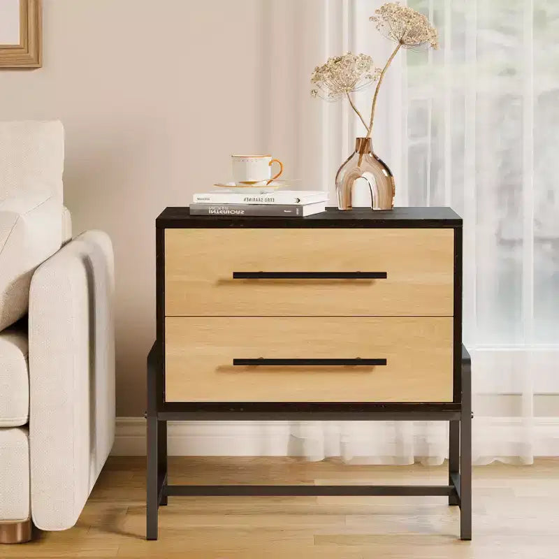 GustoWave Comodino con Cassetti, Comodino Largo 60 cm con Spazio Contenitore, Tavolino in Legno Chiaro con Gambe in Metallo, Comodino Marrone Scuro